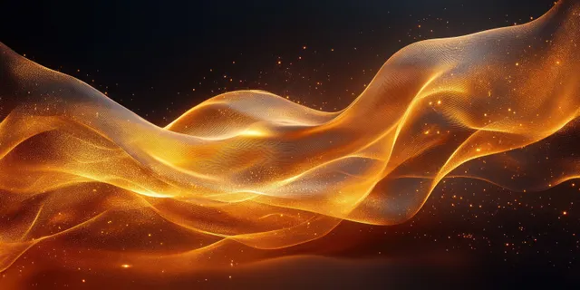 Golden abstract wave lines flowing through dark space with glowing particle highlights