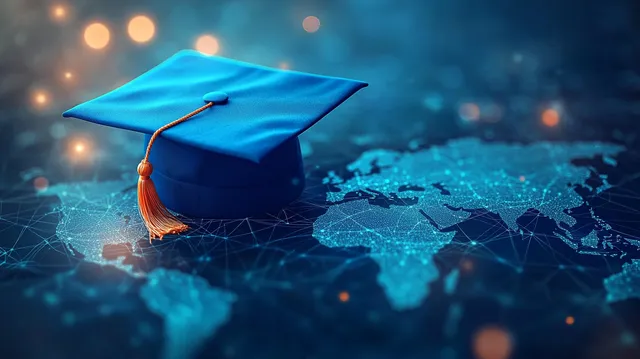 Blue graduation cap with orange tassel over glowing digital world map and network lines