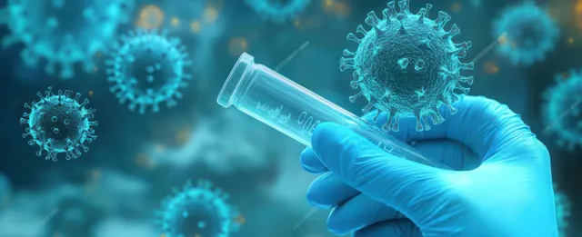 Scientist in blue gloves holds a test tube with glowing 3D coronavirus-like viruses drifting behind in a lab.