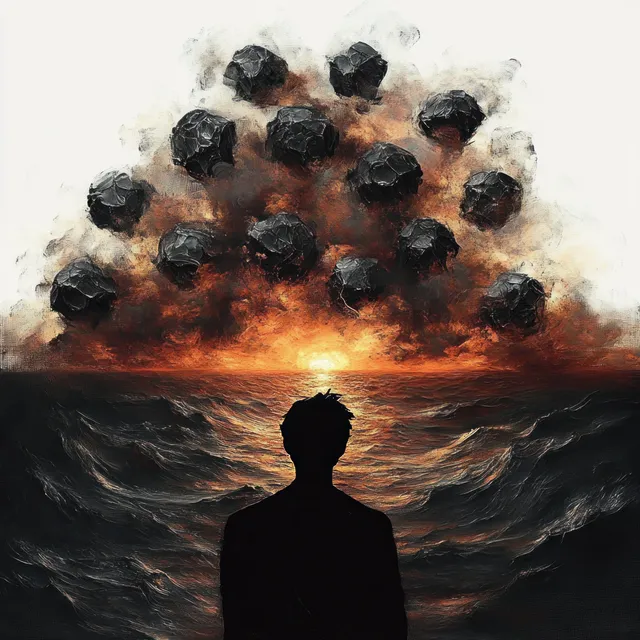 Silhouette of a person facing rough ocean waves at sunset with black spheres rising from fiery clouds.
