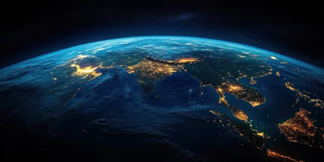 Southeast Asia night lights visible from space over ocean and glowing coastlines