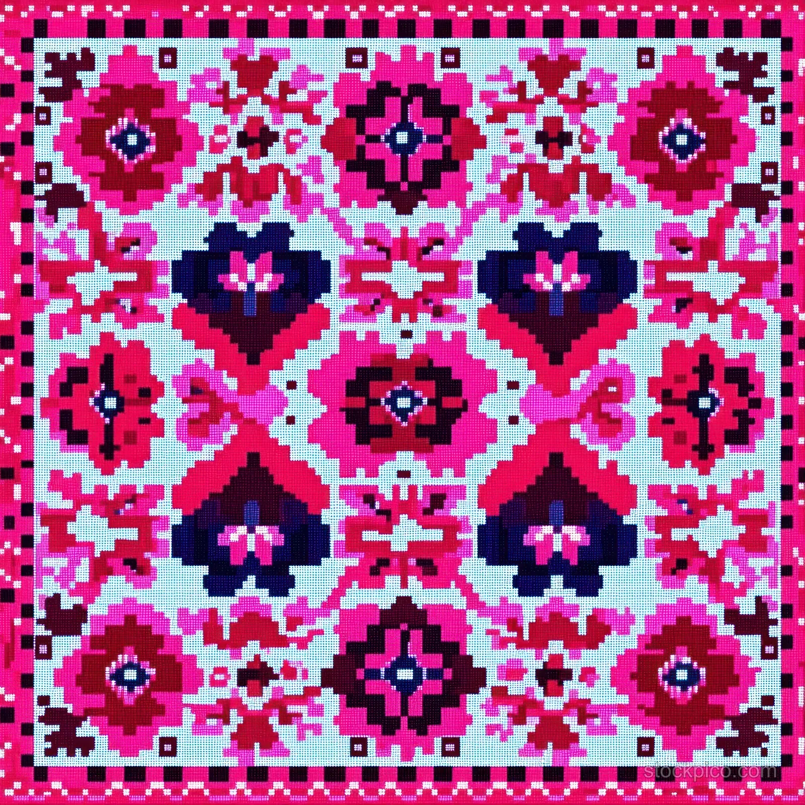 Square textile embroidery shows symmetrical pixelated floral and geometric motifs in pink, purple, red, and light blue.