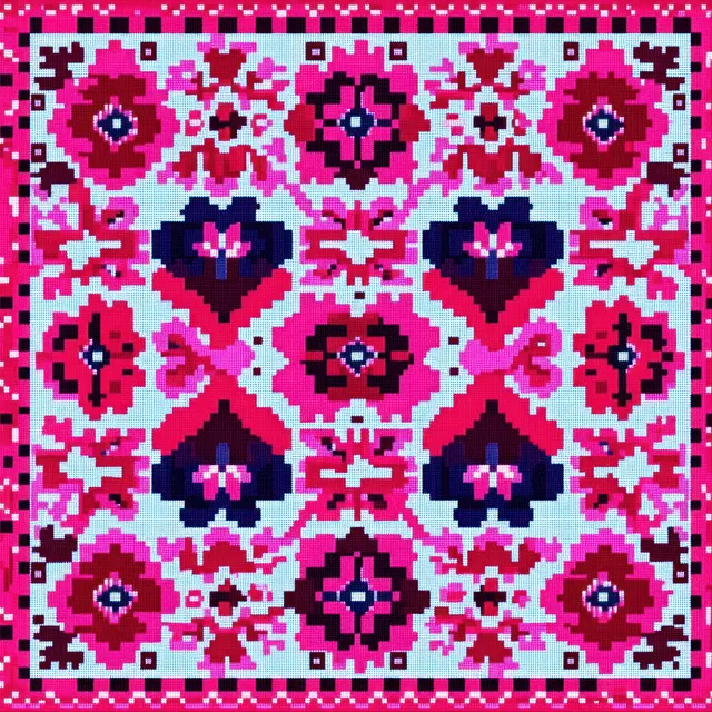 Square textile embroidery shows symmetrical pixelated floral and geometric motifs in pink, purple, red, and light blue.