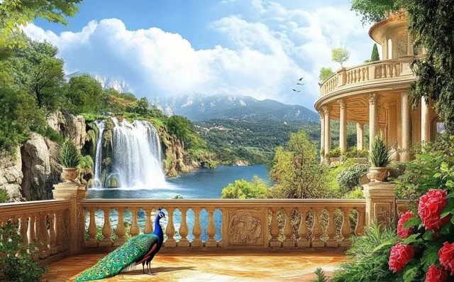 Peacock on balcony beside waterfall garden with lake, mountains, and ornate stone railings