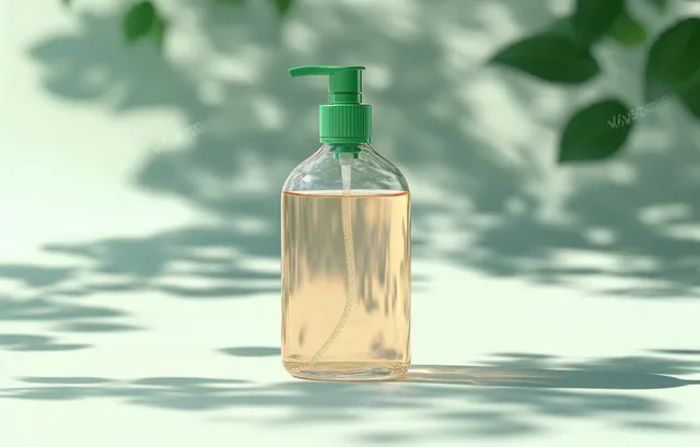 Green pump bottle of hand soap on a reflective surface with soft leaf shadows behind it.