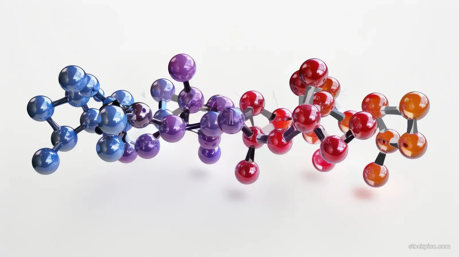 A colorful 3D molecular chain of glossy blue, purple, red, and orange spheres connected on a white background.