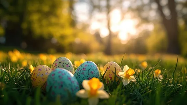 Colorful speckled Easter eggs rest in green grass surrounded by soft-focus yellow flowers under warm morning sunlight.