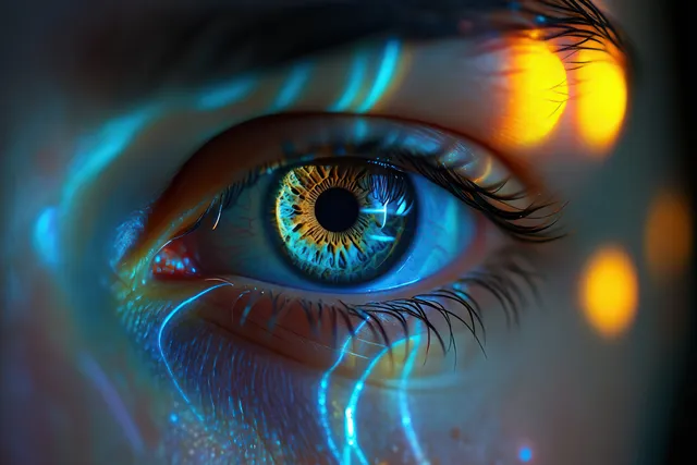 Macro close-up of a blue human eye with detailed iris patterns and glowing blue and orange reflections.