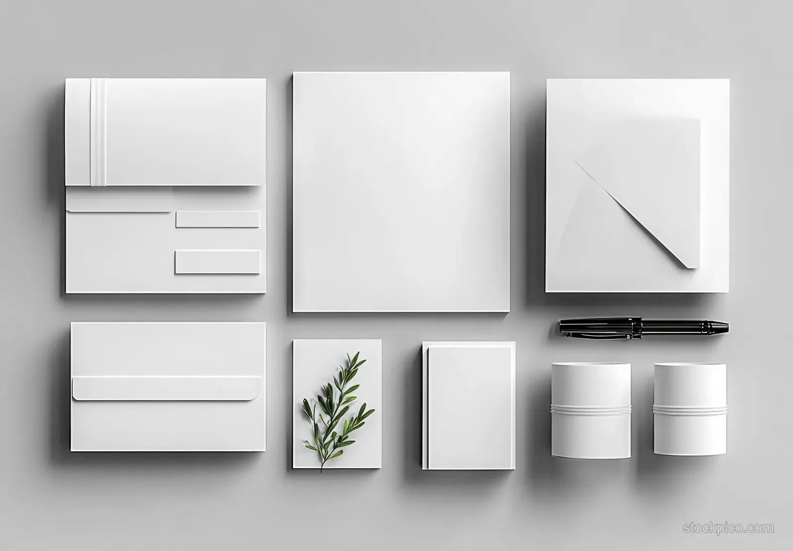 Blank letterhead, envelope, cards, and small packages laid out on a gray surface in a neat stationery mockup.