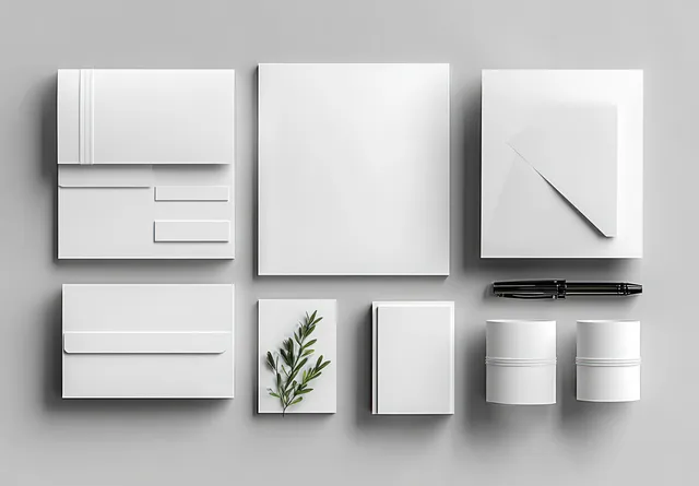 Papel timbrado em branco, envelope, cartões e pequenos pacotes dispostos sobre uma superfície cinza em uma maquete de papelaria organizada.