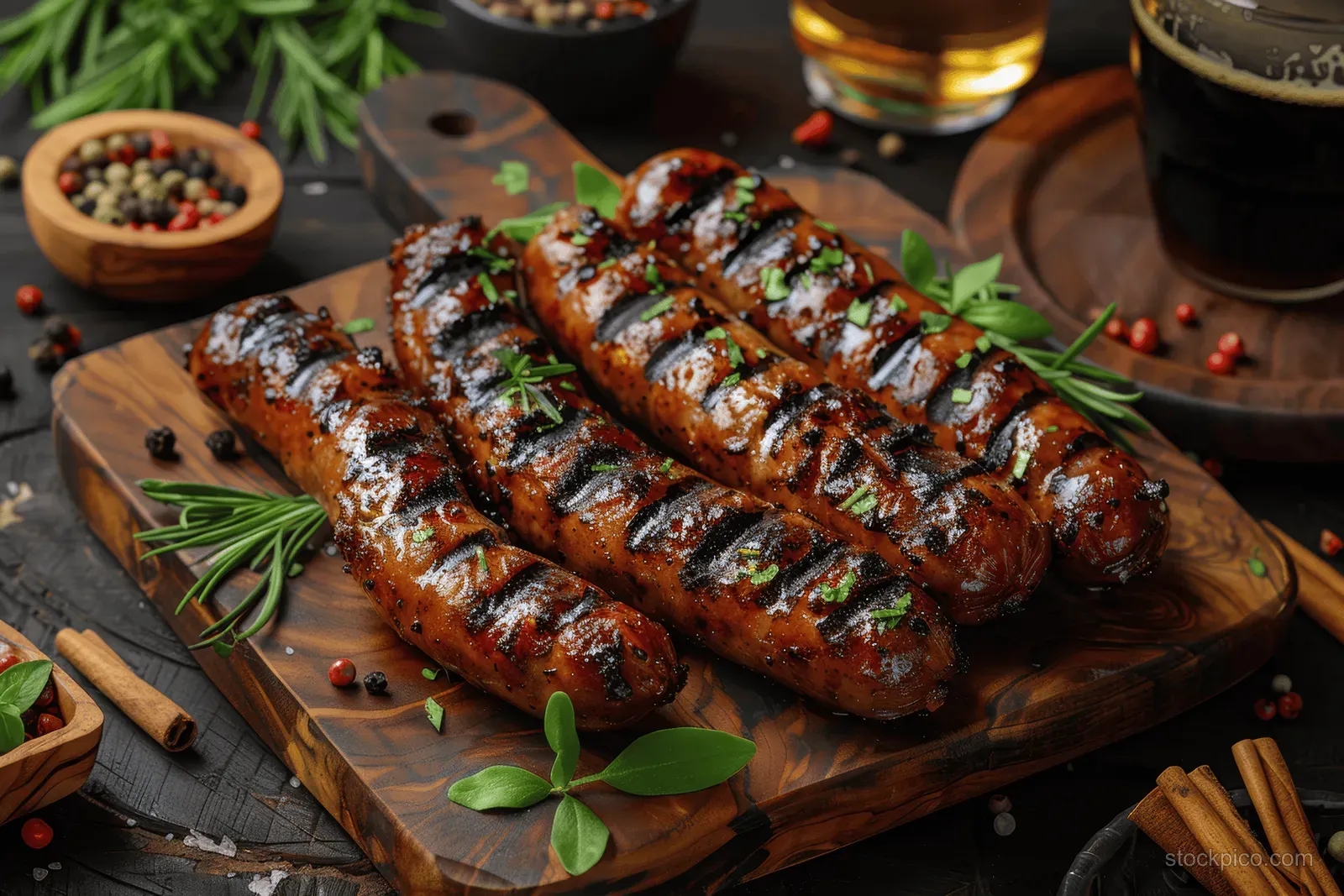 Grilled pork sausages on a wooden board with rosemary and peppercorns beside a mug of beer.