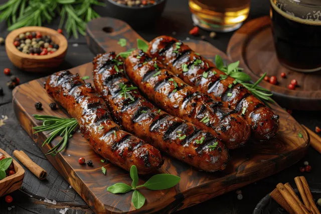 Grilled pork sausages on wooden board with beer, herbs, and peppercorn spices