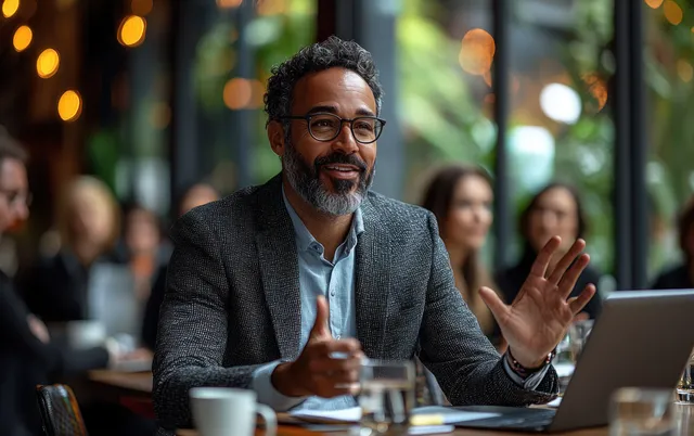 A manager gestures while leading a diverse team meeting in a modern office boardroom with laptops and coffee.