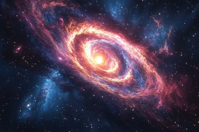 A glowing spiral galaxy with red and blue nebula clouds against a star-filled dark sky.