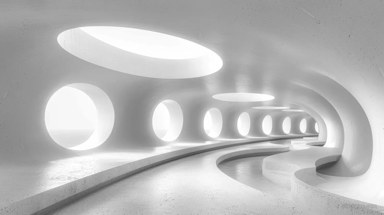 Futuristic concrete showroom interior with curved wall and glowing ring lights over an empty floor.