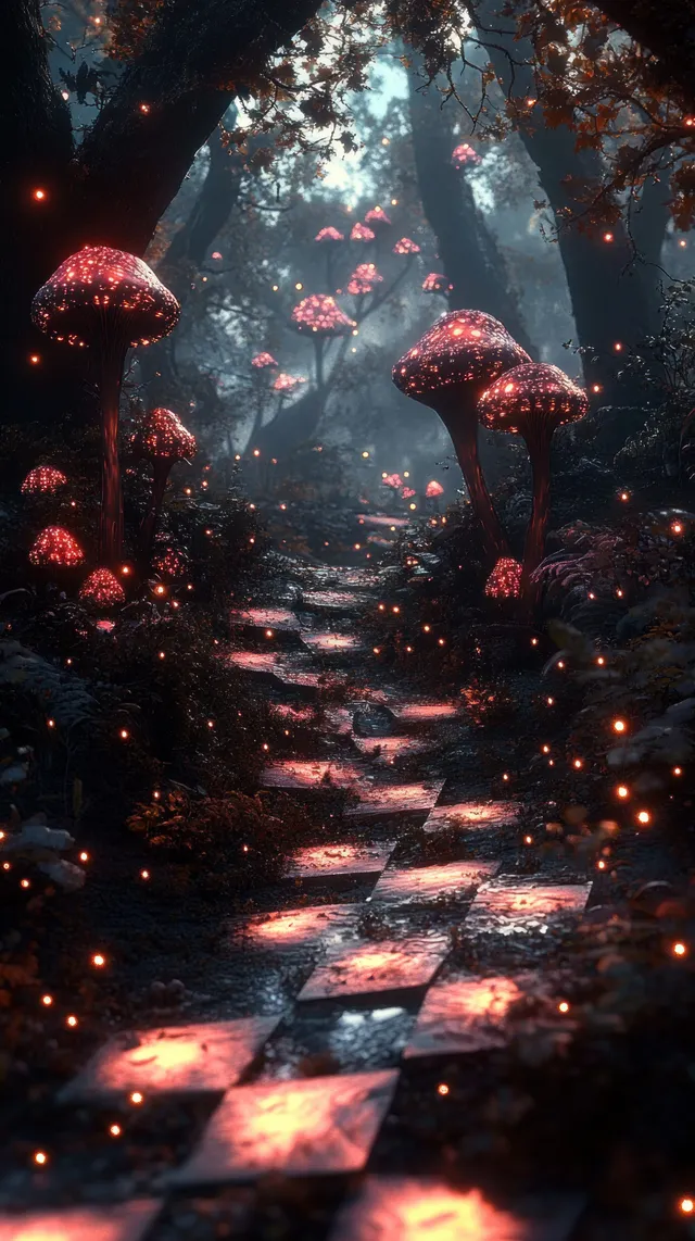 Un sendero forestal nocturno bordeado de hongos brillantes, con luces a la deriva y árboles oscuros y brumosos rodeando el camino.