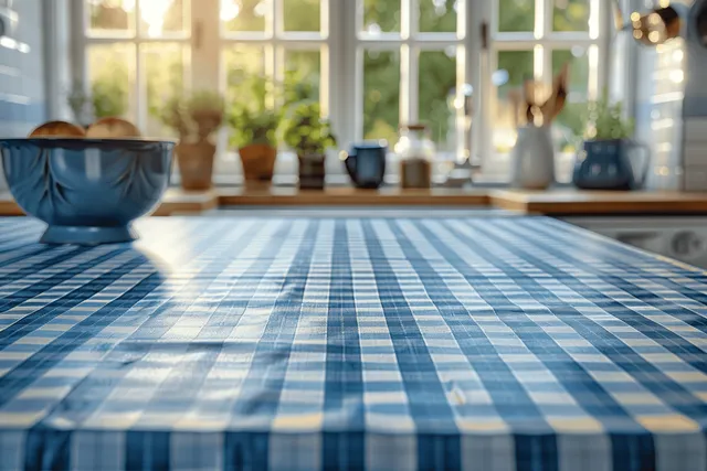 Blue and white checkered tablecloth on a kitchen table with morning sunlight and potted plants on the windowsill.