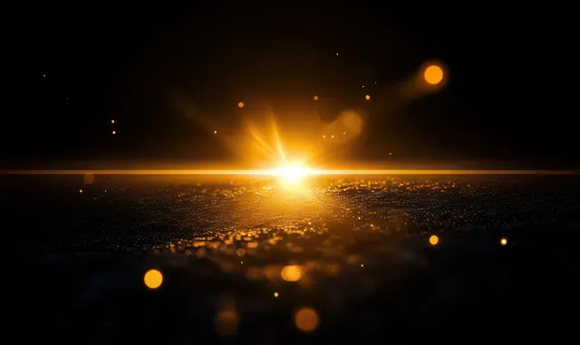 Golden light beam and glowing particles radiate across a dark textured surface with a bright horizon line.