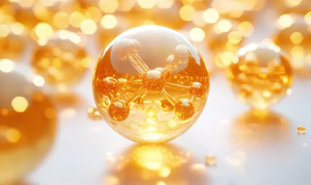 Golden serum droplet with glowing bubbles hovering over a soft, out-of-focus bokeh light background.