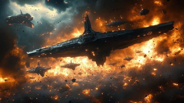 Futuristic dark space stations float near burning asteroids while sparks and debris scatter across deep space.
