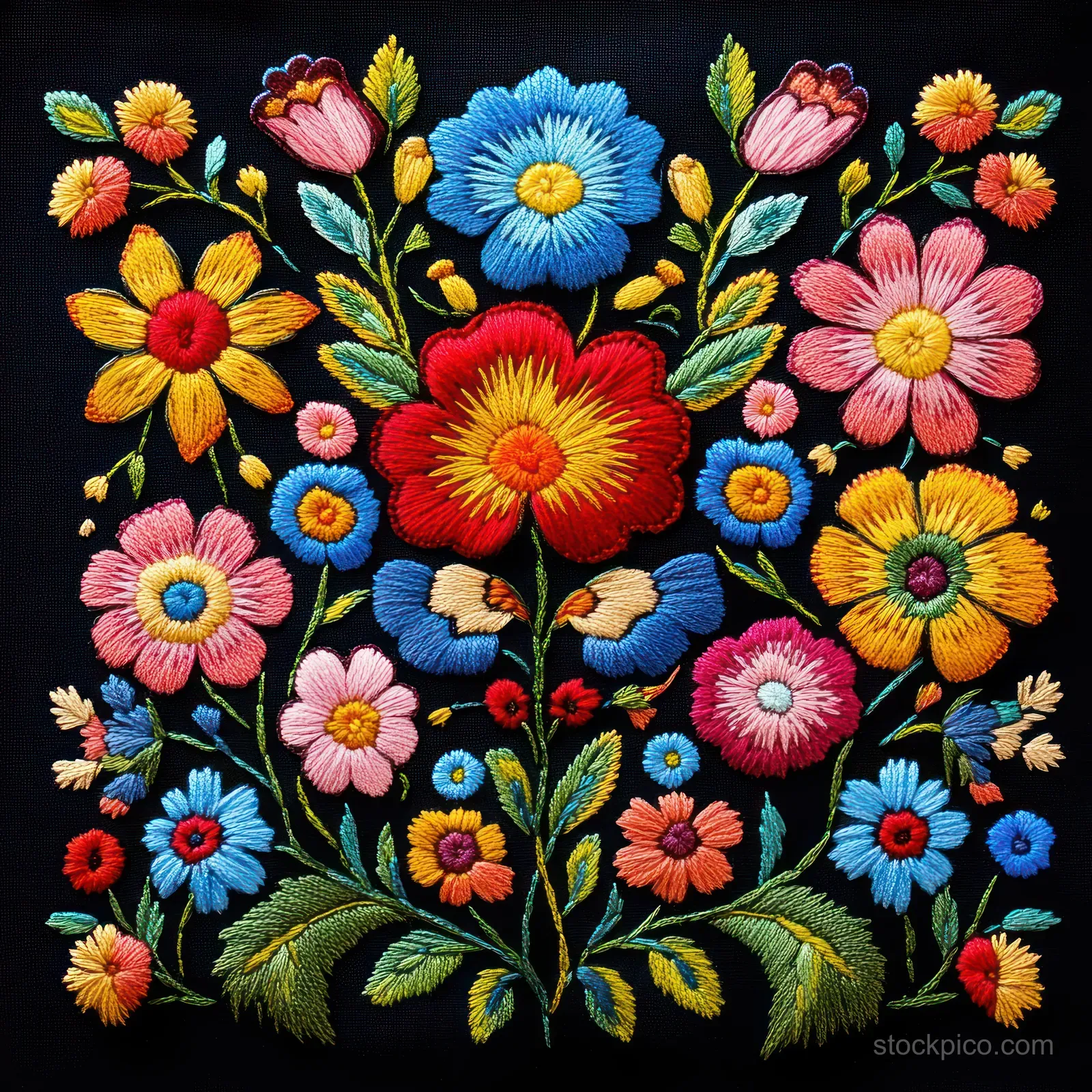 Embroidered flowers and leaves in red, blue, yellow, pink, and green thread on black fabric.