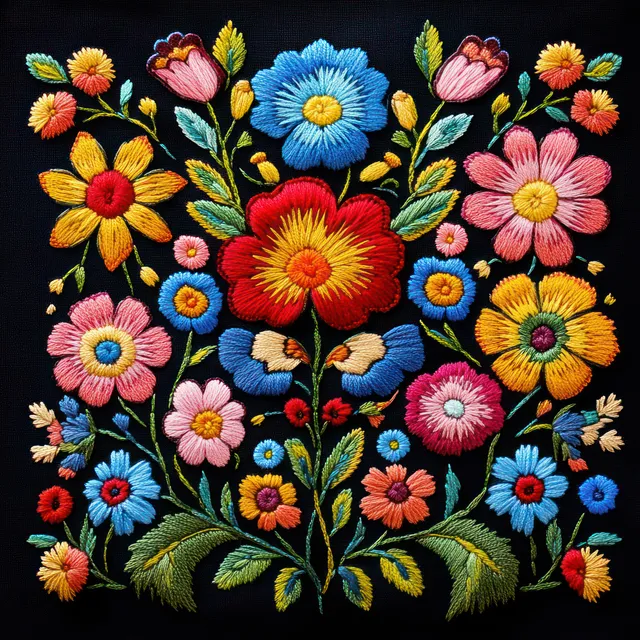 Embroidered flowers and leaves in red, blue, yellow, pink, and green thread on black fabric.
