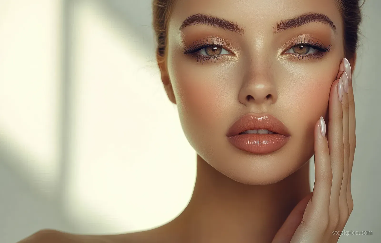 Fashion model with rhinestone French manicure and glam makeup holds her hands near her face in soft light.