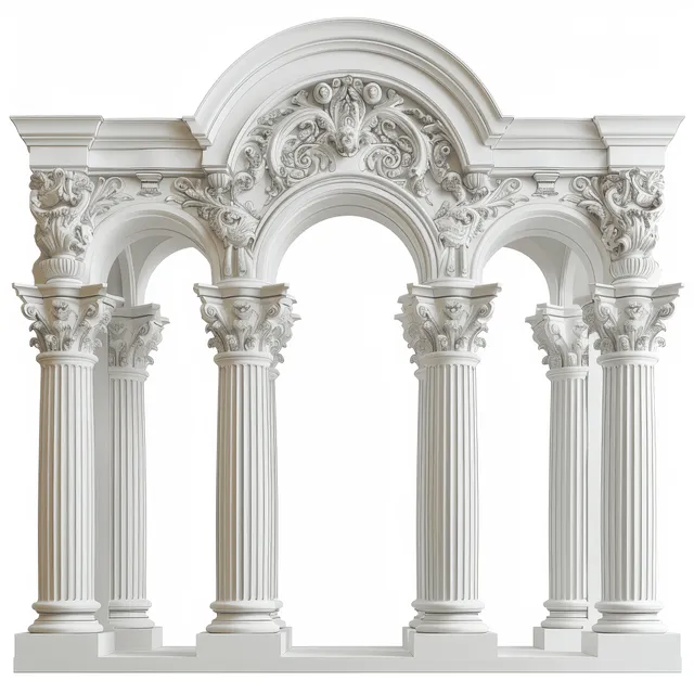 White Gothic arch with carved details and columns frames a central doorway on a clean isolated background.