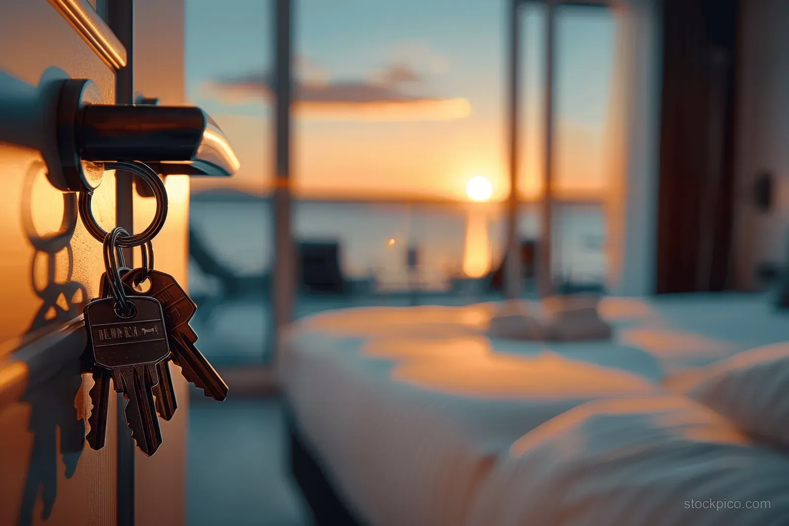 Keys on a hotel room door handle with a sunset sea view through the window.