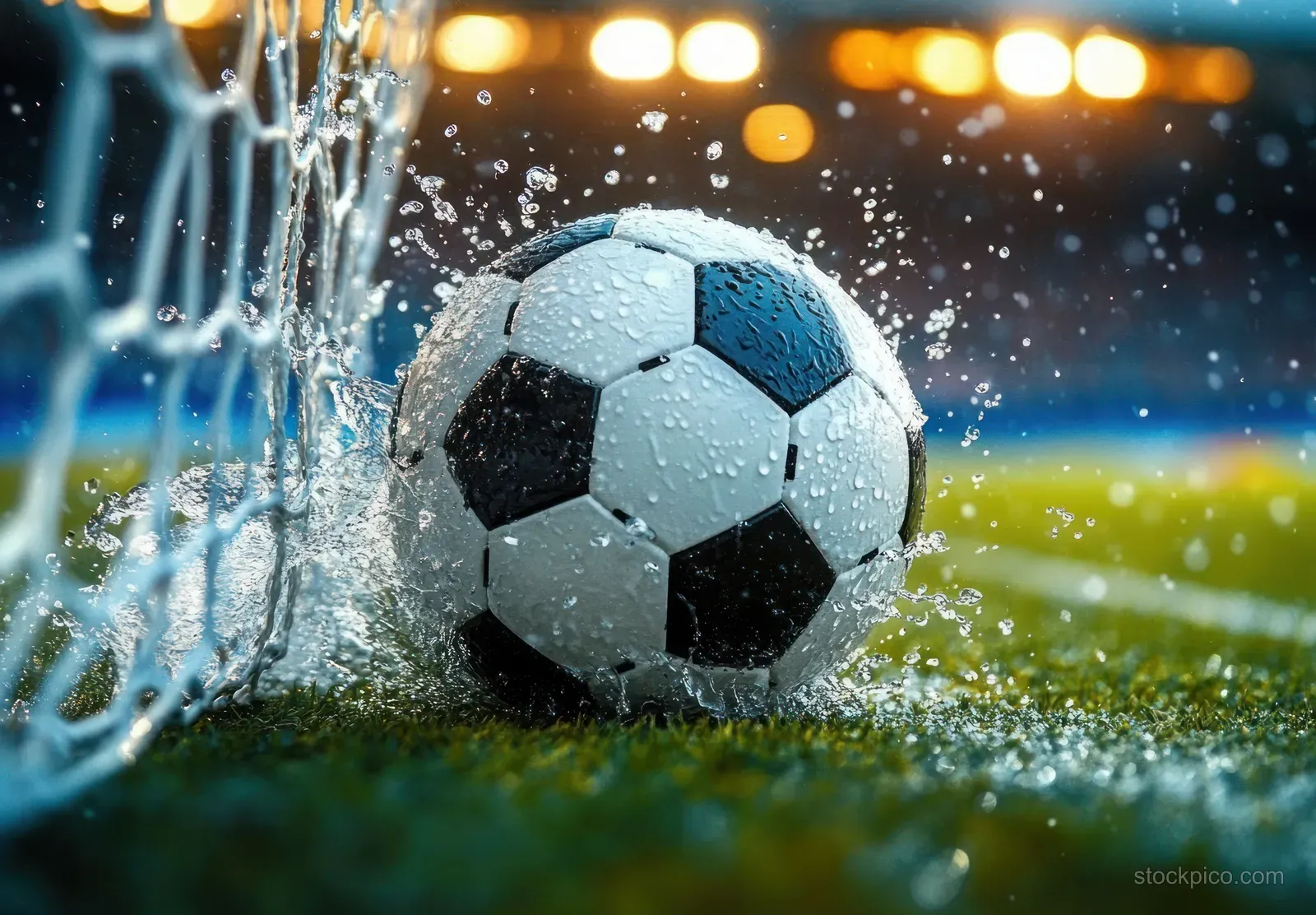 A black-and-white soccer ball hits the goal net as water droplets splash across green grass under stadium lights.