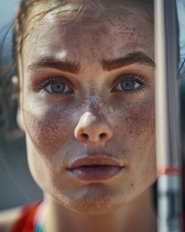 Determined Russian pole vaulter prepares during outdoor training, close-up face and pole