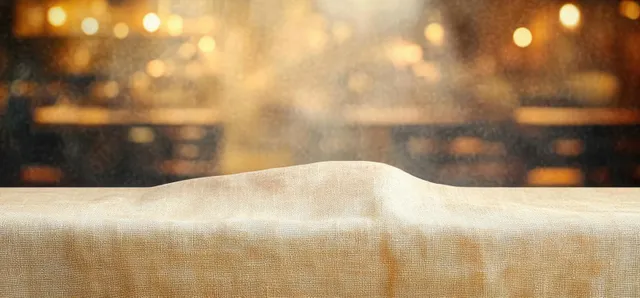 Beige linen fabric with a visible seam on a flat surface and warm golden bokeh lights blurred in the background.