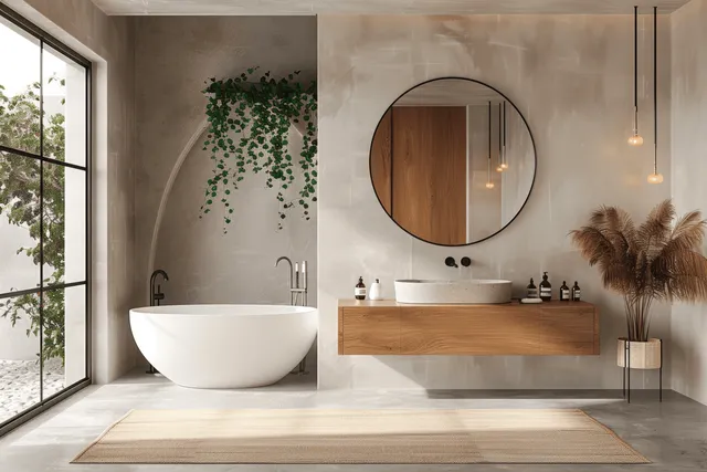 Minimalist bathroom interior with a freestanding tub, floating wood vanity, round mirror, pendant lights, and a potted plant.