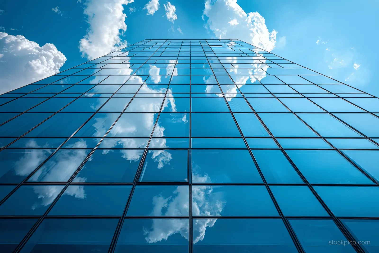 Low-angle view of a glass skyscraper facade reflecting blue sky and clouds across its window grid.