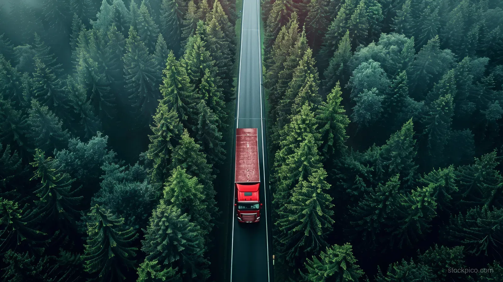 Aerial view of a red truck and car on a highway cutting through dense evergreen forest.
