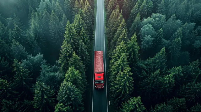 Aerial view of a red truck and car on a highway cutting through dense evergreen forest.