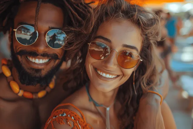 Smiling friends posing outdoors in sunny park, colorful sunglasses and warm bokeh