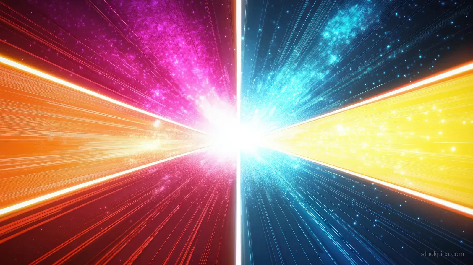 A glowing white center blasts multicolored light beams across a starry, space-like background.