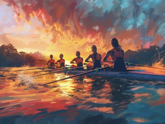 Women row a quadruple sculls boat in synchronized motion on a river at sunset with glowing sky reflections.