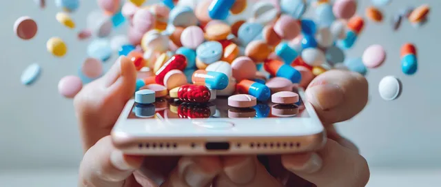 Hands hold a smartphone displaying medication reminders with colorful pills scattered in front.
