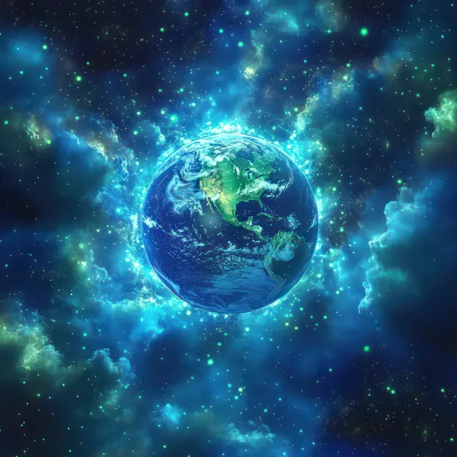 Glowing blue and green Earth planet centered in deep space with luminous stars and teal nebula clouds.
