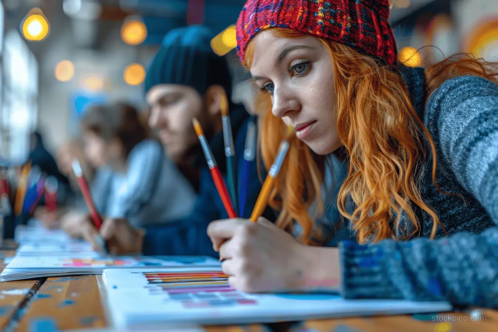 Young woman sketching at a studio table with colored pencils while others work in the blurred background.