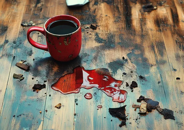 Broken red coffee mug rests on a wooden table with coffee puddles and scattered ceramic shards.