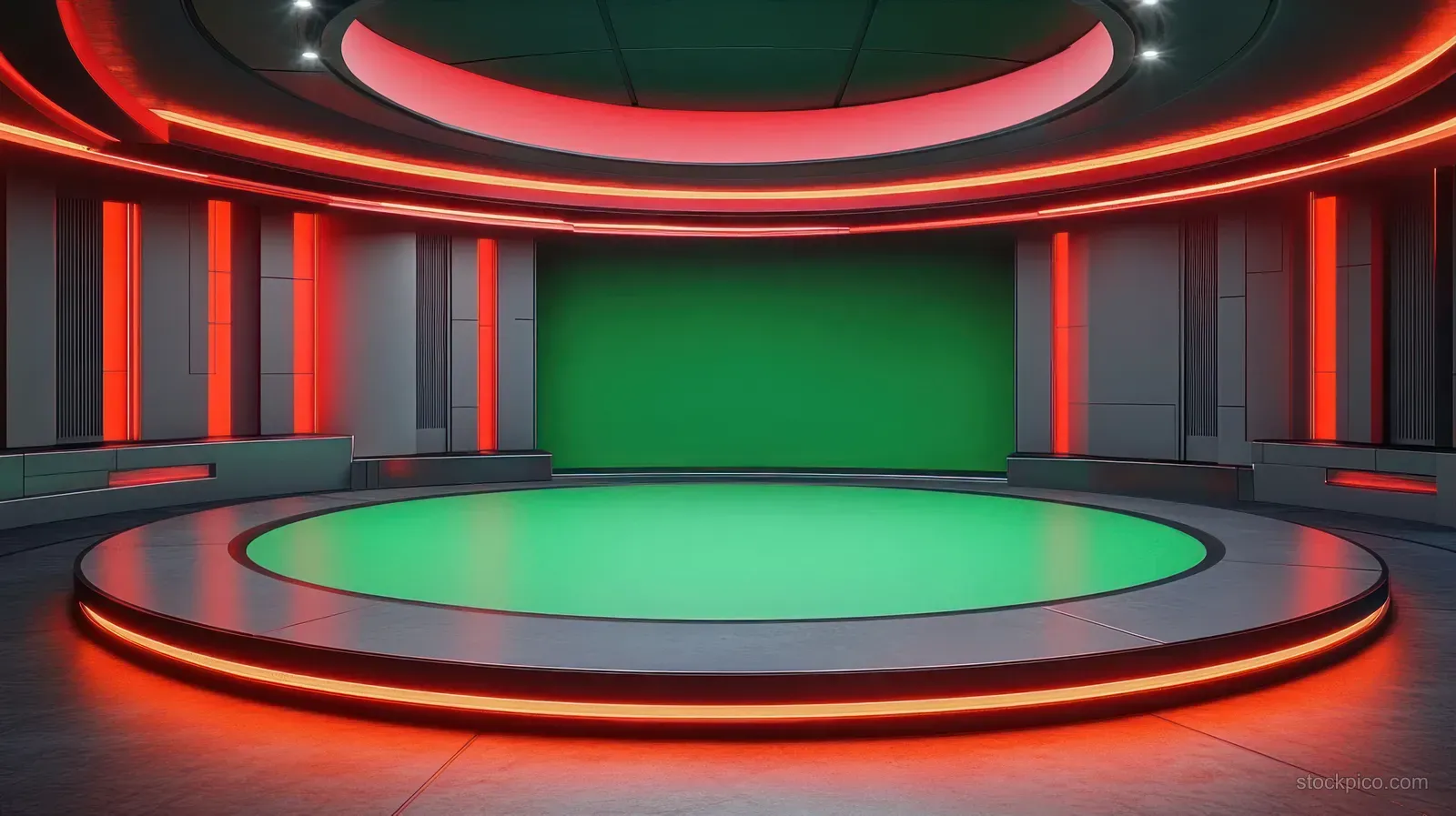 A circular futuristic room with orange neon light rings around a glowing green central platform.