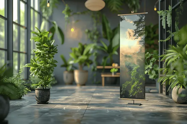 Blank roll-up banner stand with a white poster mock-up in a modern lobby lined with potted plants.