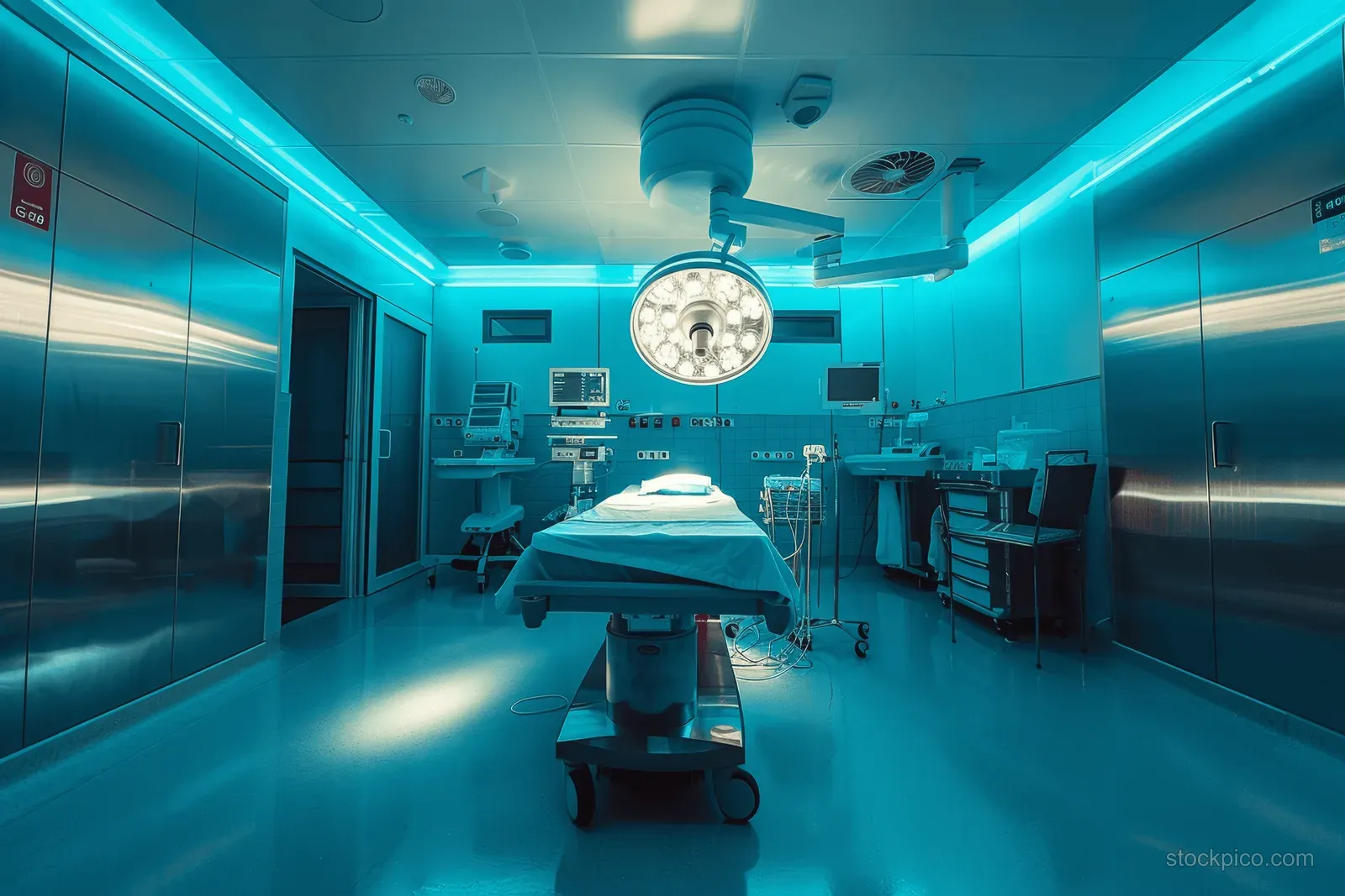 Sterile operating room with an operating table, overhead surgical light, and blue-tinged lighting throughout.