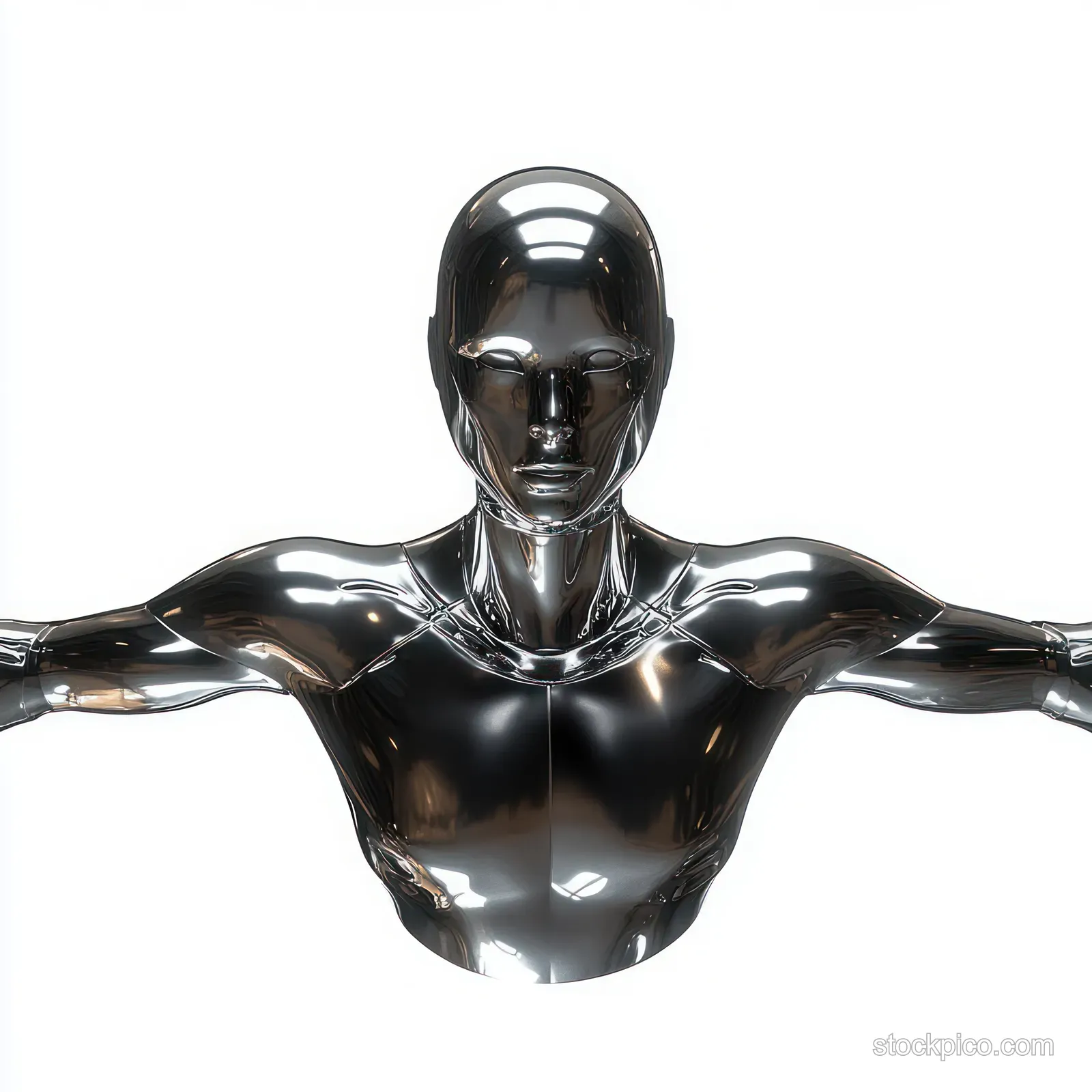 A reflective chrome humanoid robot stands with outstretched arms against a white background.