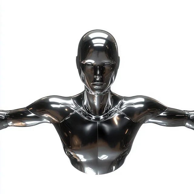 A reflective chrome humanoid robot stands with outstretched arms against a white background.