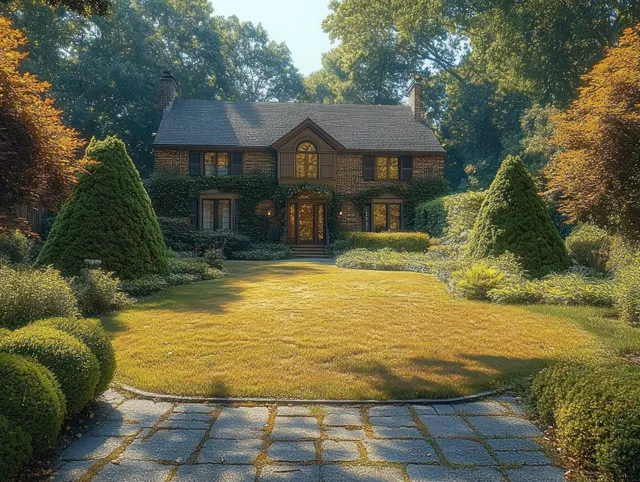 Two-story brick house with lit windows, stone pathway, and trimmed lawn bordered by evergreen shrubs and autumn trees.