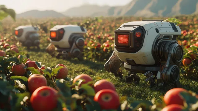 A small robot harvesting ripe apples among orchard rows with warm sunlight and distant mountains.